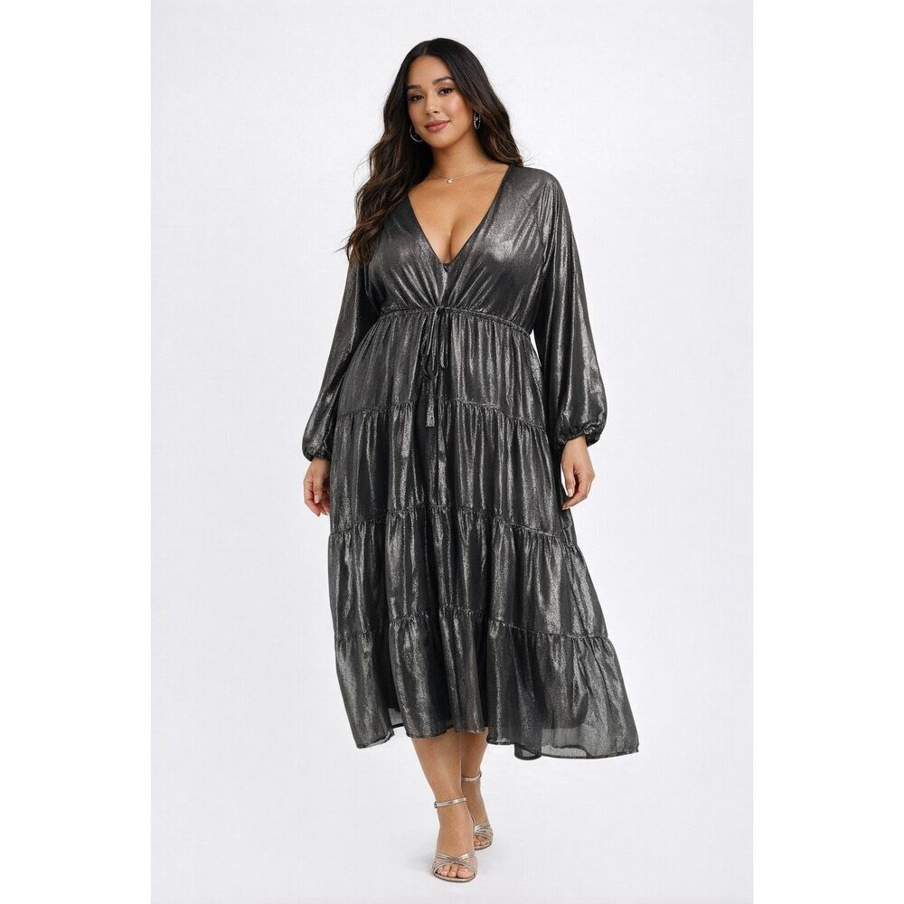 Melissa McCarthy Seven7 3X Metallic Tiered Midi Dress V Neck Pockets Party Glam